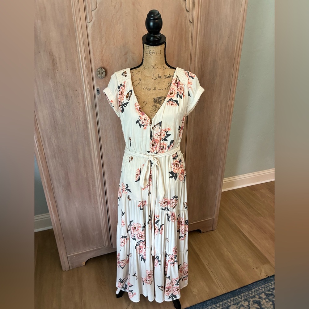 FREE PEOPLE butterfly pink cream FLORAL MAXI DRESS rose pink white  size 8